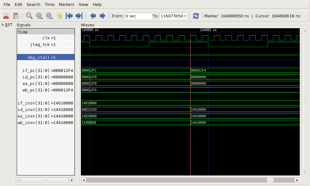 VCD trace of the OpenRISC 1000 pipeline following a write setting NPC to 0x12f4.