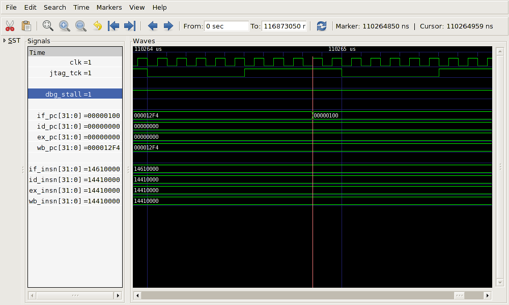 VCD trace of the OpenRISC 1000 pipeline following a second write setting NPC to 0x100.