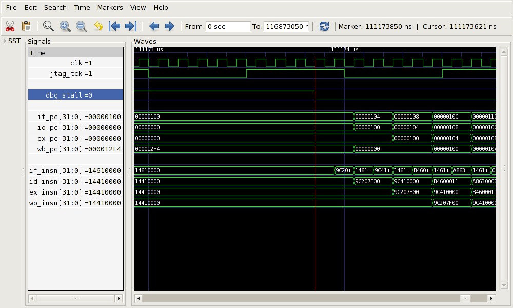 VCD trace of the OpenRISC 1000 pipeline refill when the CPU is unstalled.