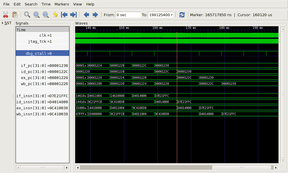 VCD trace of the OpenRISC 1000 pipeline after multiple single steps.